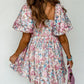 Floral Puff Sleeve Square Neck Smock Ruffled Dress