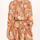 Camel Lace up Split Neck Tunic Floral Dress