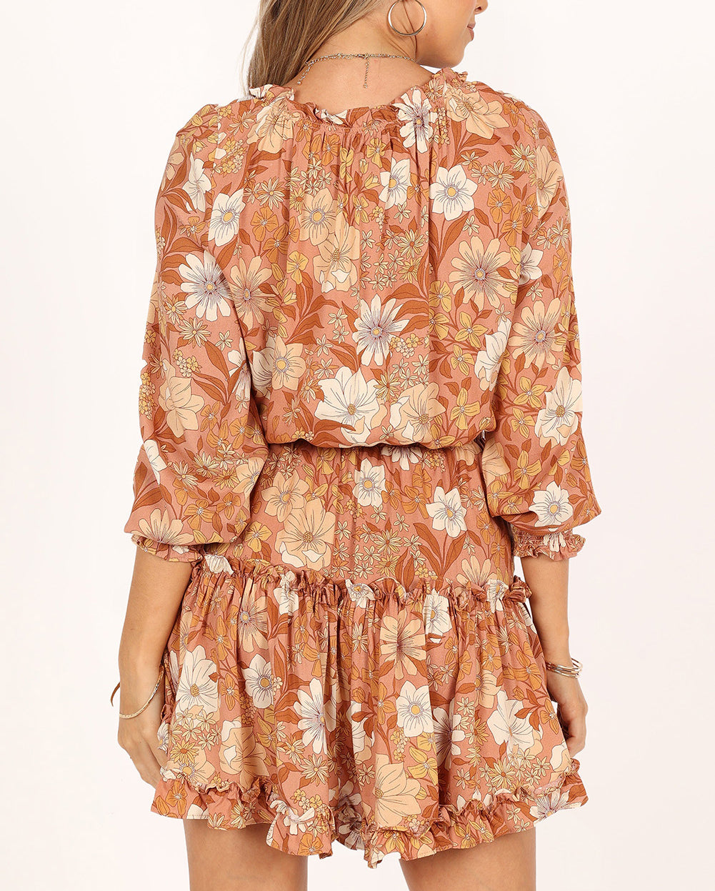 Camel Lace up Split Neck Tunic Floral Dress