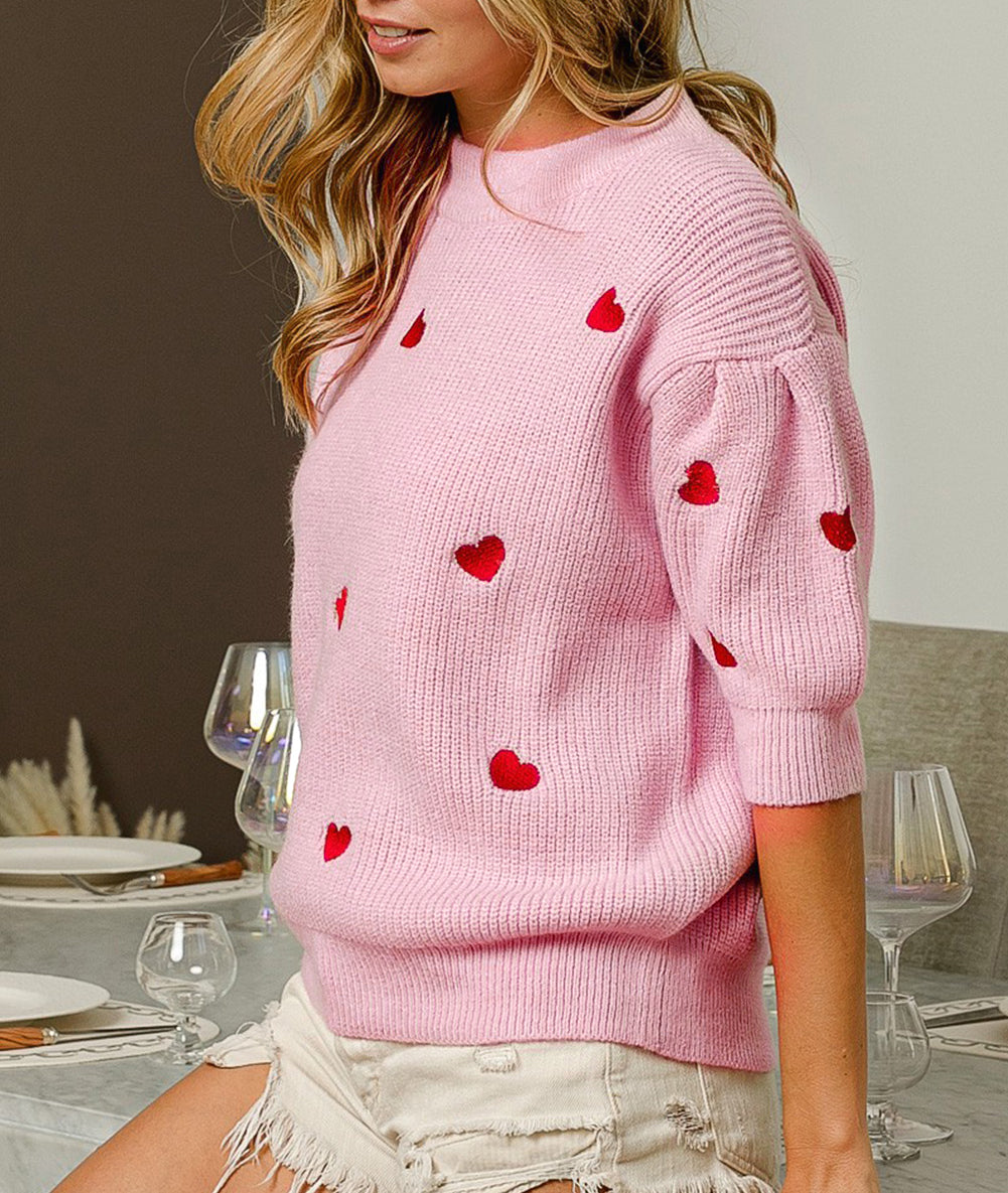 Valentines Heart Pattern Half Sleeve Sweater