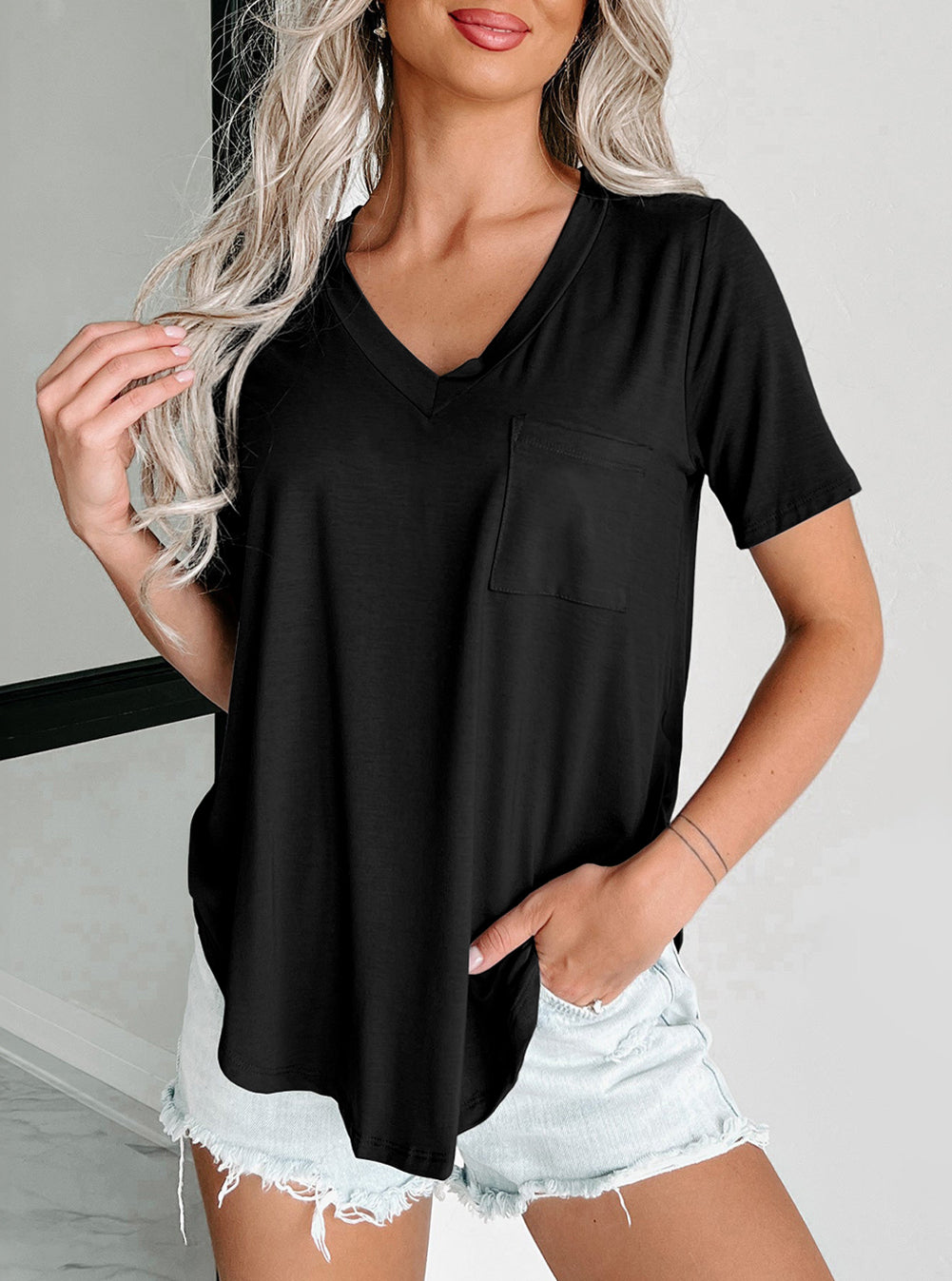 V Neck Pocketed Rounded Hem Tee