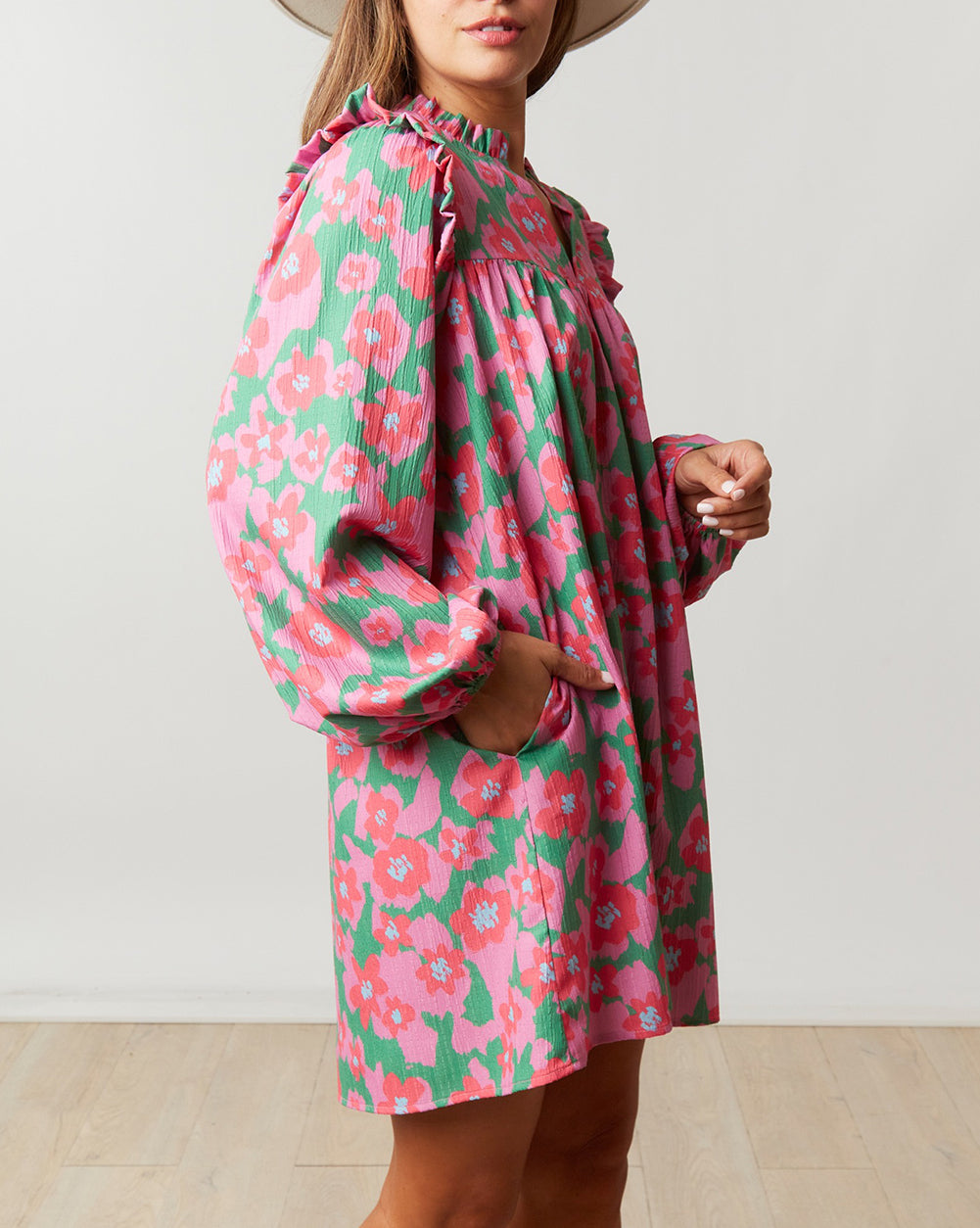 Split V Neck Bubble Sleeve Loose Floral Dress