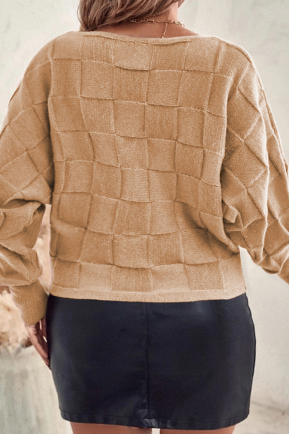 Solid Checkered Textured Knit Plus Size Sweater