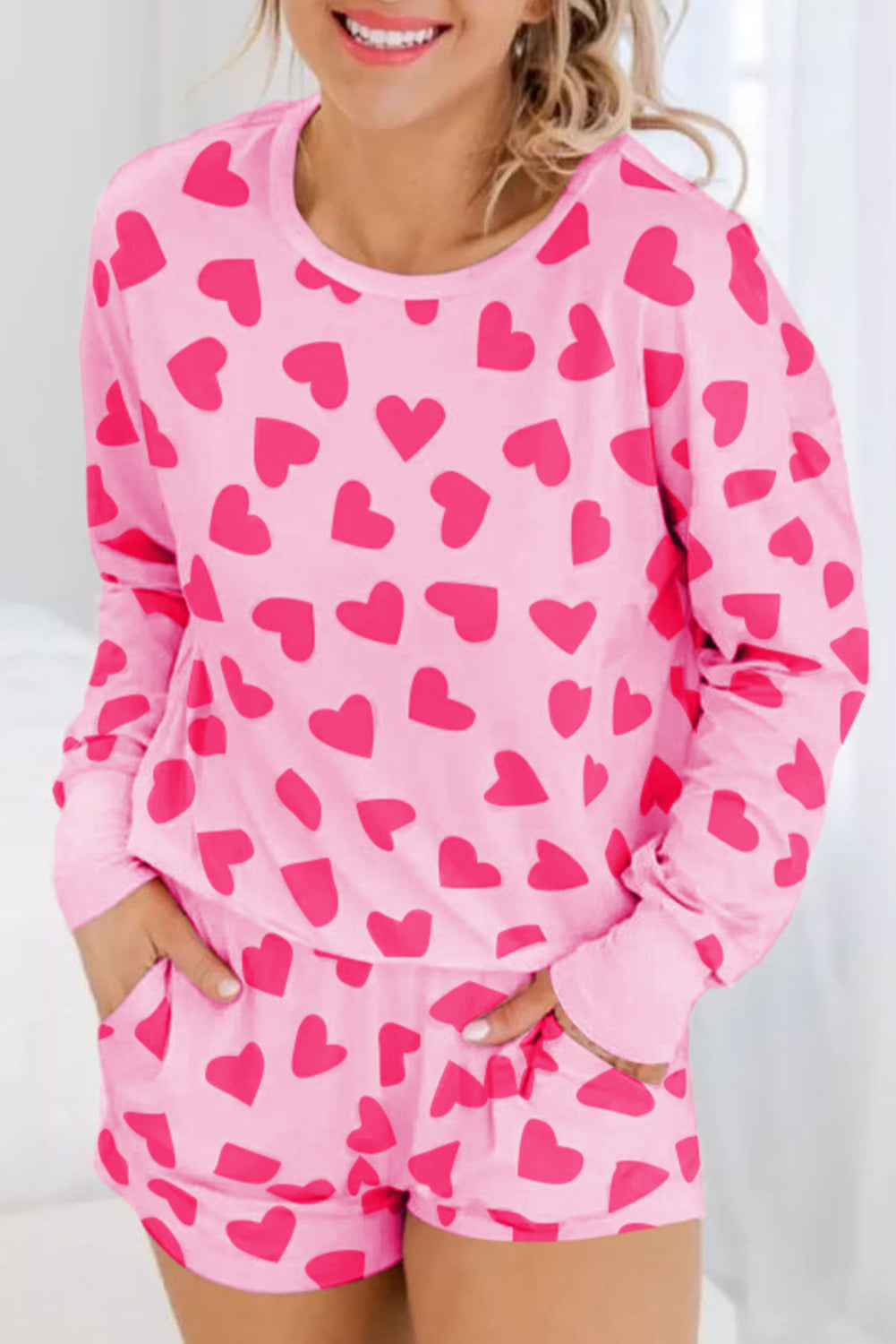 Valentine Heart Shape Print Long Sleeve Top Shorts Lounge Set