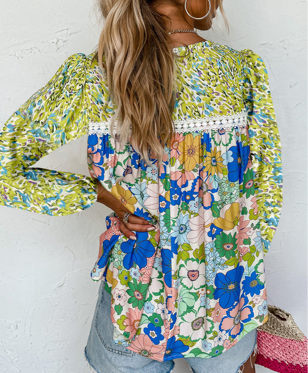 Mixed Floral Print Long Sleeve Blouse