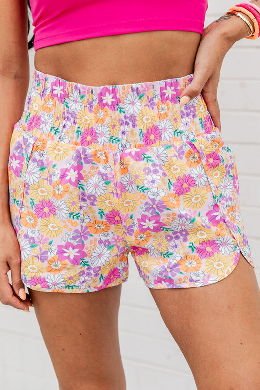 Floral Shirred High Waist Casual Shorts