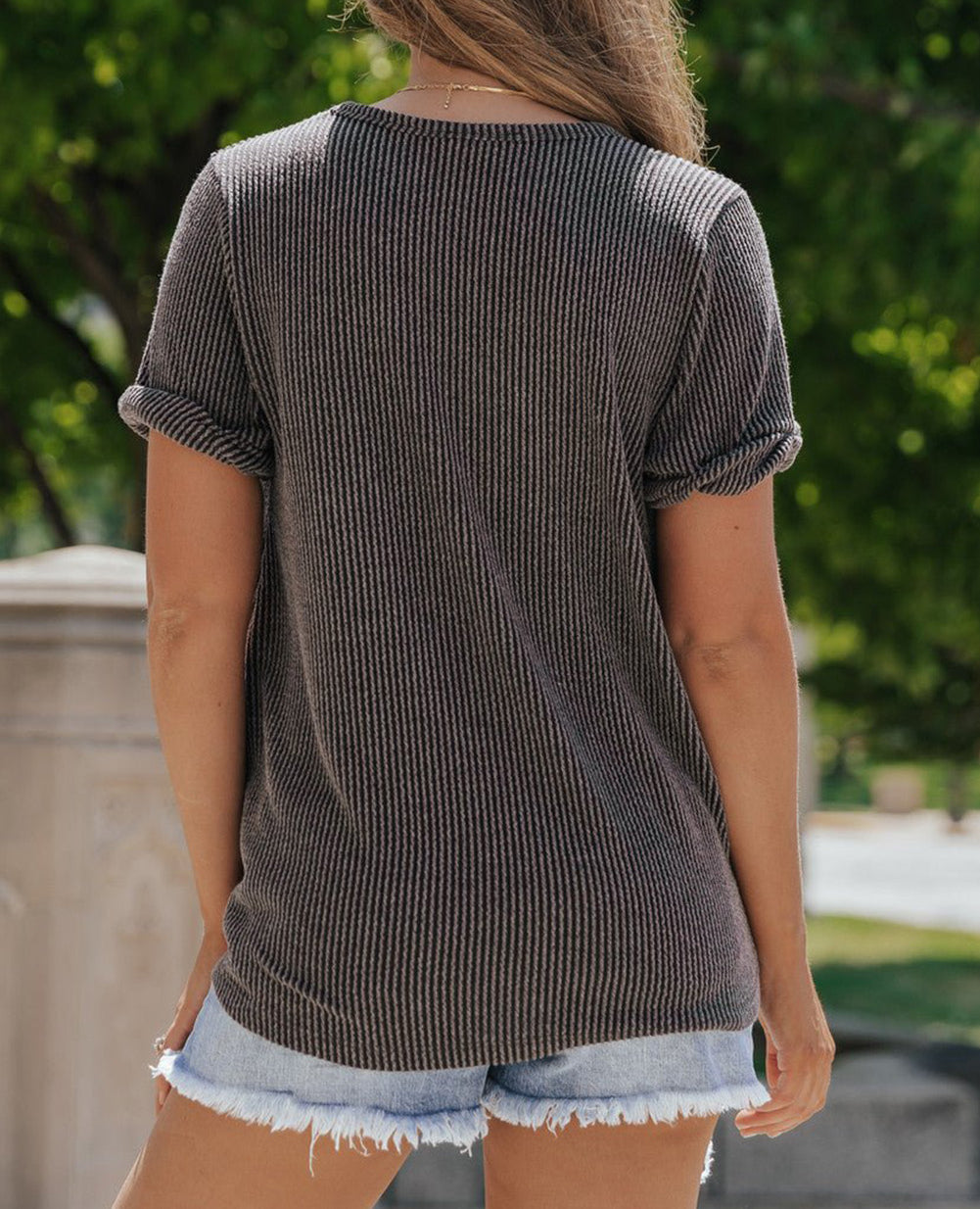 Grey Twist Short Sleeve Corded V Neck Top