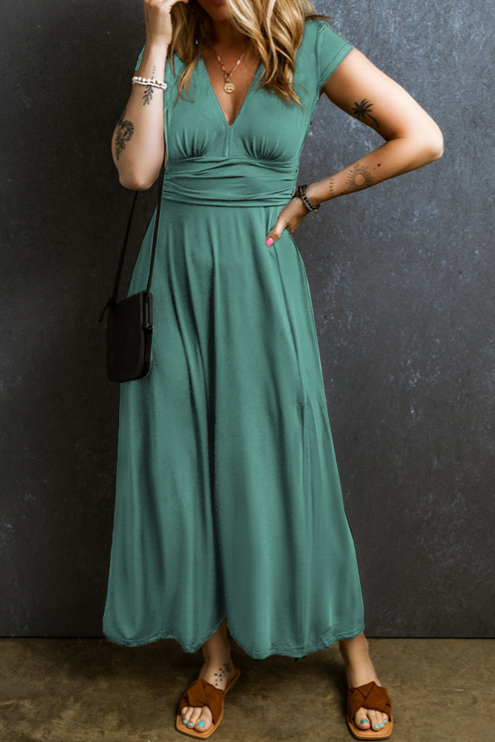 Short Sleeve Shirred High Waist V Neck Maxi Dress