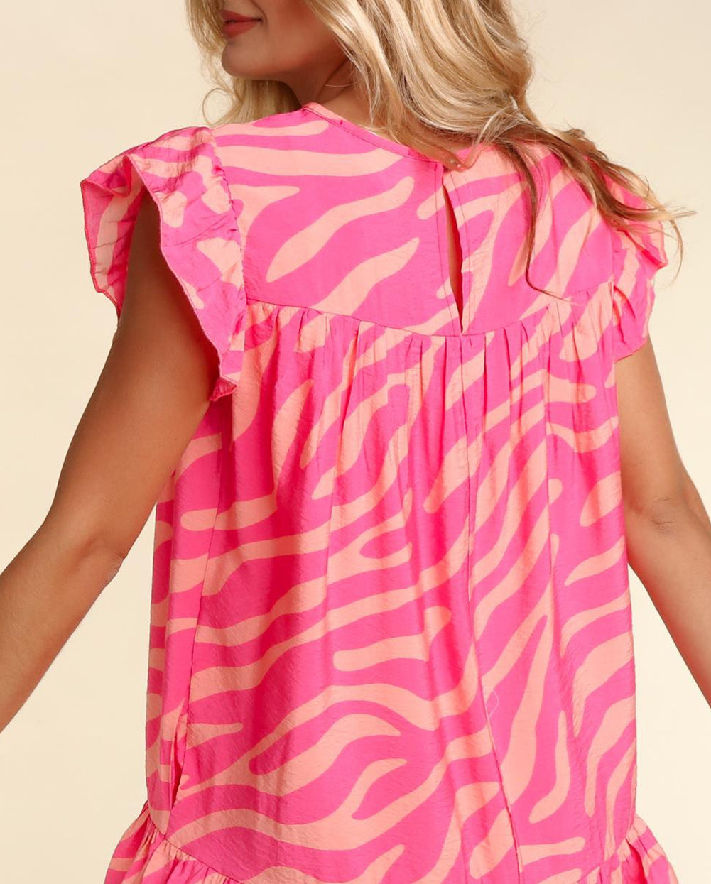 Zebra Stripe Printed Ruffle Trim Pocketed Dress