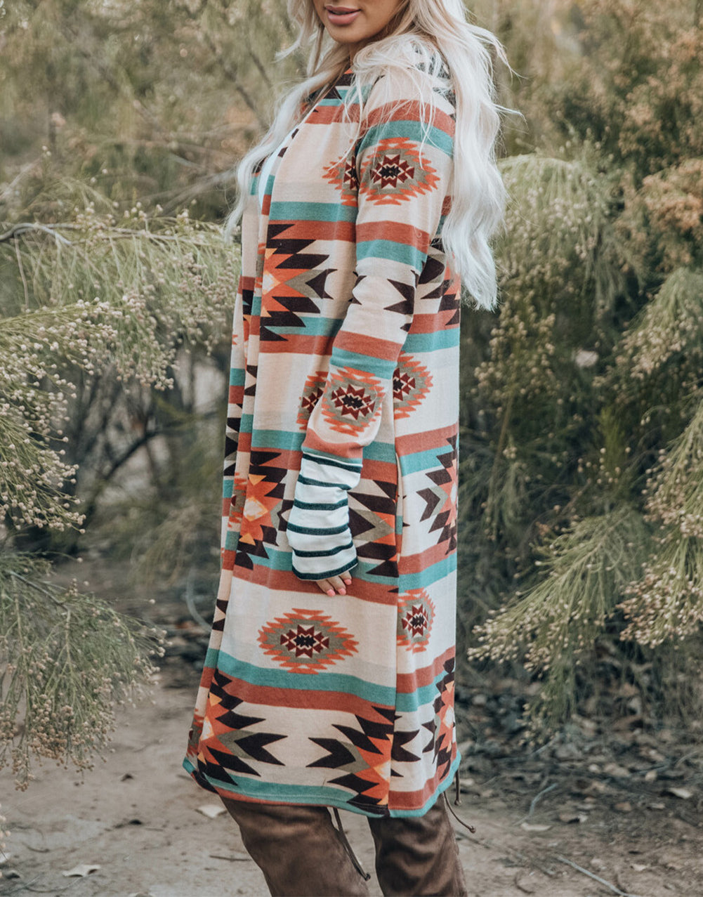 Geometric Color Block Open Front Long Cardigan