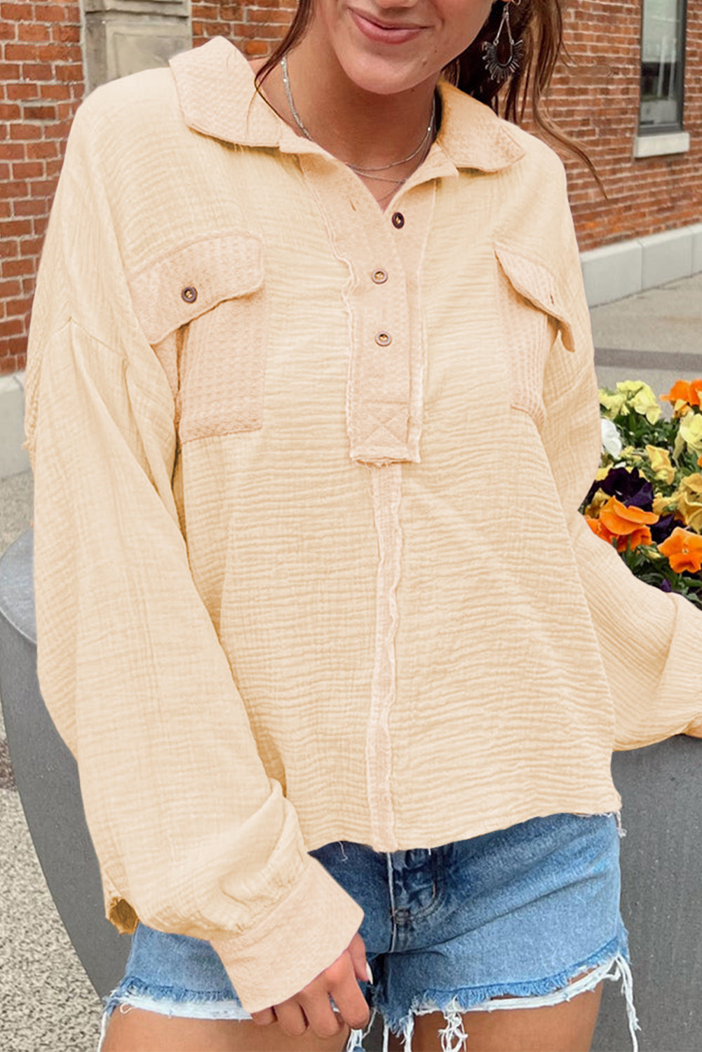 Long Sleeve Flap Pocket Henley Top