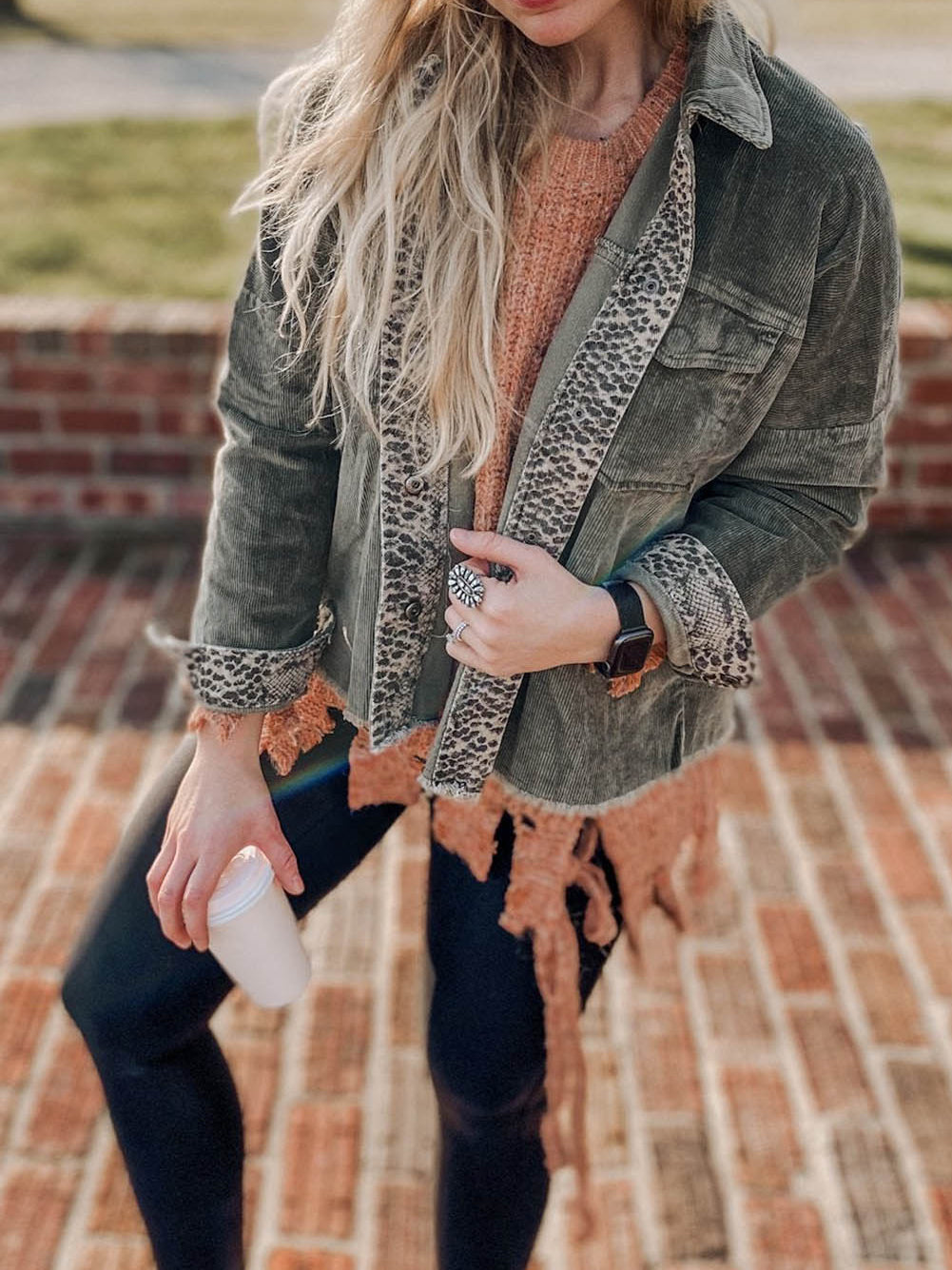 Contrast Snakeskin Printed Pocketed Corduroy Jacket