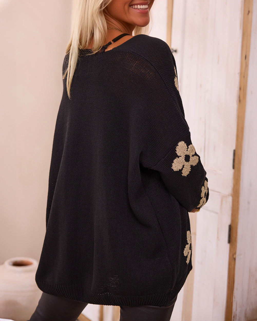 Floral Print Knitted Open Front Loose Cardigan