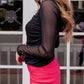 High Neck Ruched Mesh Long Sleeve Top
