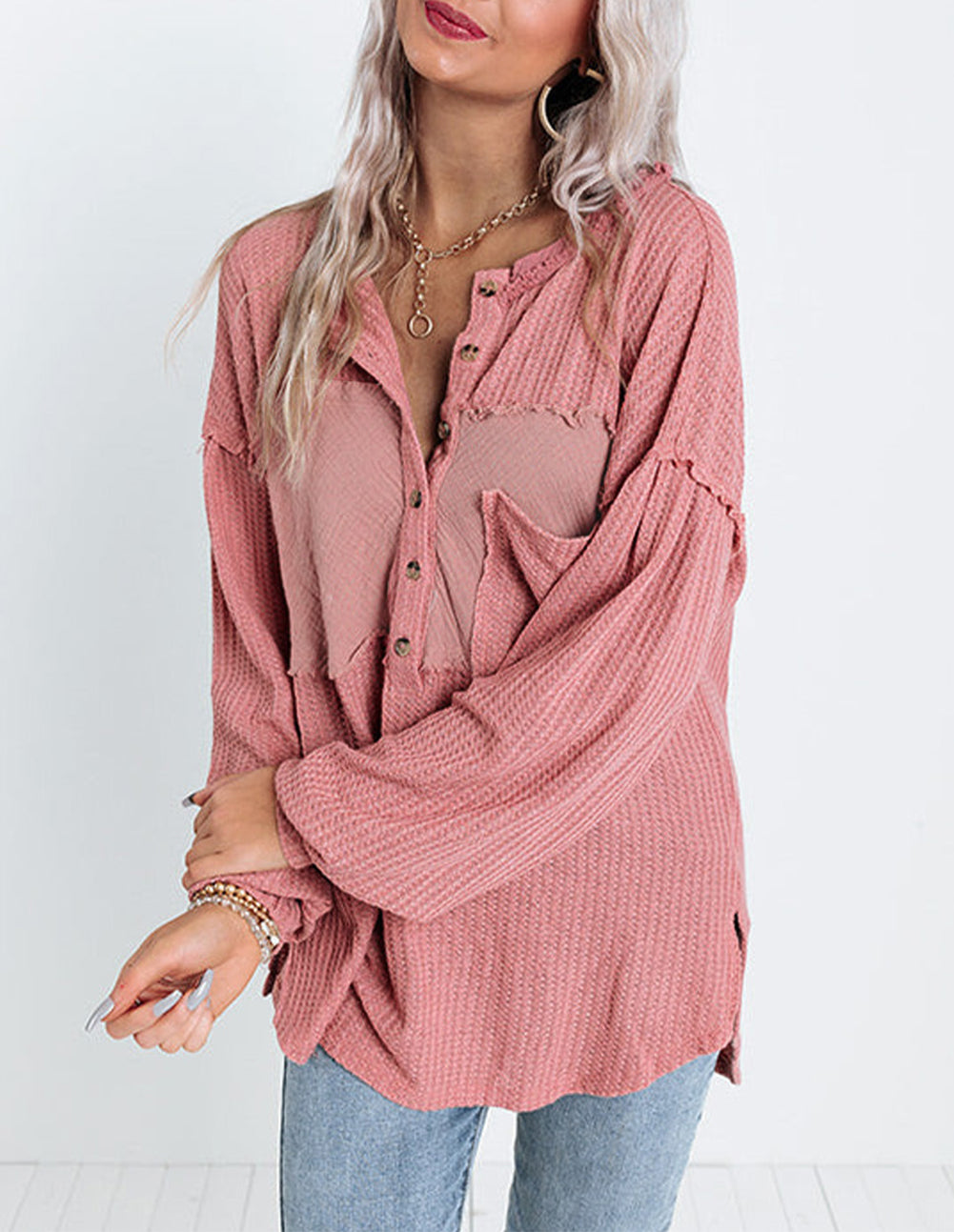 Frayed Patchwork Waffle Knit Top