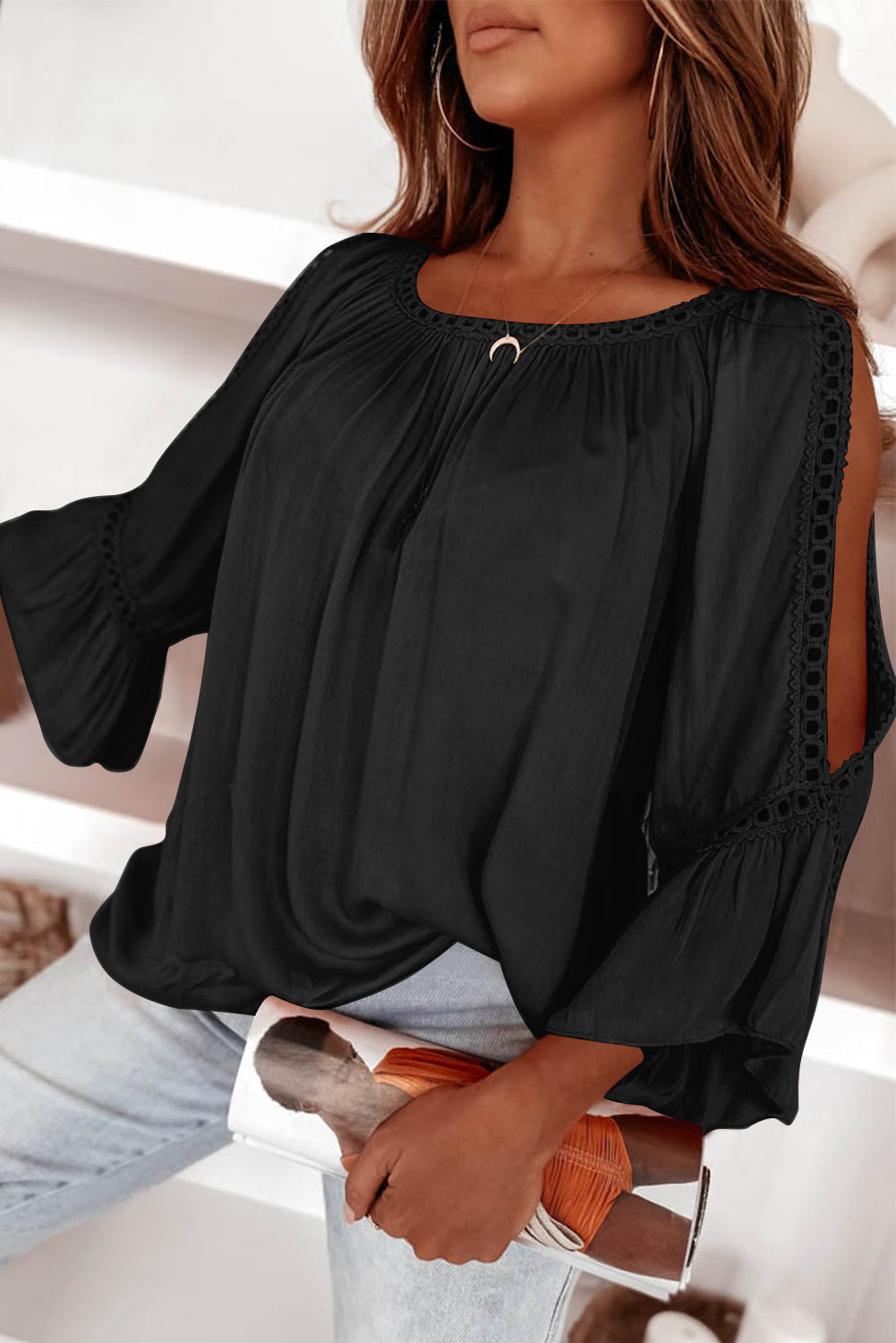Lace Crochet Cut-Out Bracelet Sleeve Ruffle Blouse