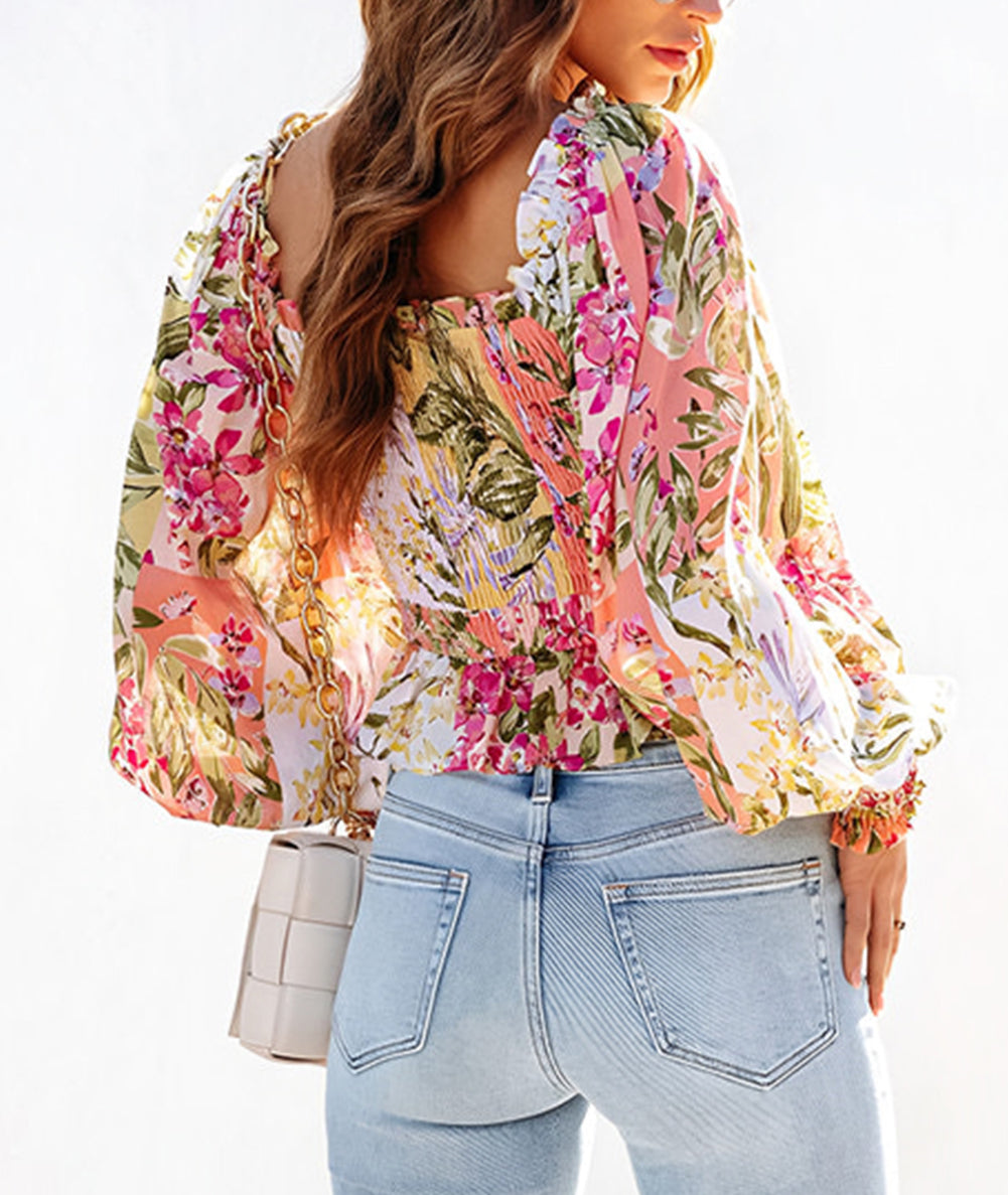 Smocked Floral Frilled Trim Square Neck Blouse
