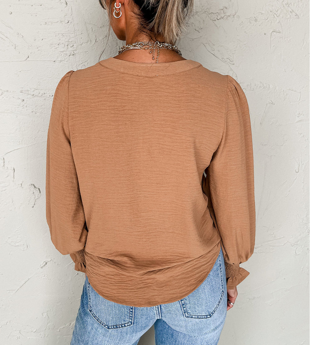 Solid Color Shirred Cuff Notch V Neck Blouse