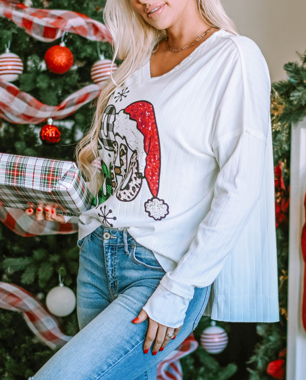 HOHOHO Christmas Graphic Wide Rib Long Sleeve Top