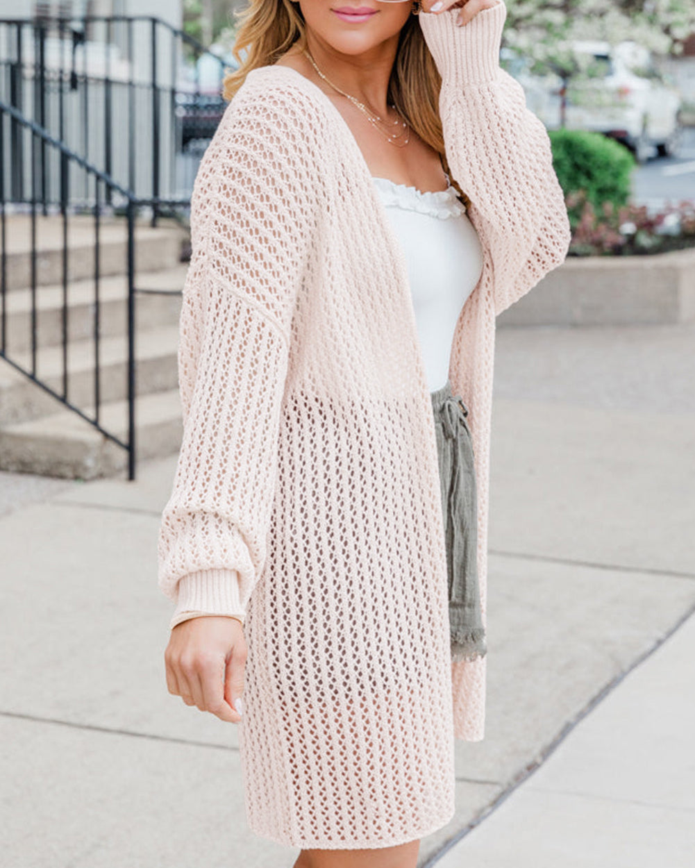 Hollowed Crochet Drop Shoulder Open Front Cardigan