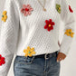 Colorful Flower Applique Textured Knit Sweater