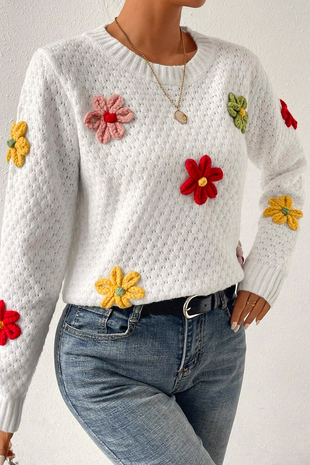 Colorful Flower Applique Textured Knit Sweater