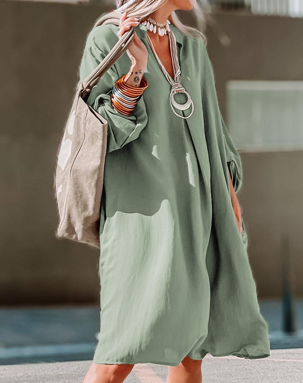 Roll-tab Sleeve Flowy Casual Dress