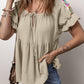 Crinkle Embroidered Patched Bubble Sleeve Tied Neck Blouse
