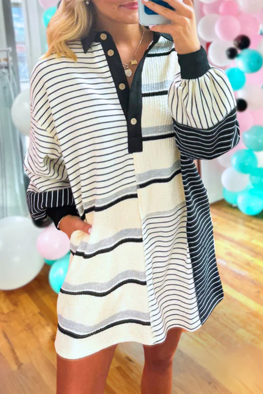 Stripe Colorblock Knit Henley Collar Shift Long Sleeve Mini Dress