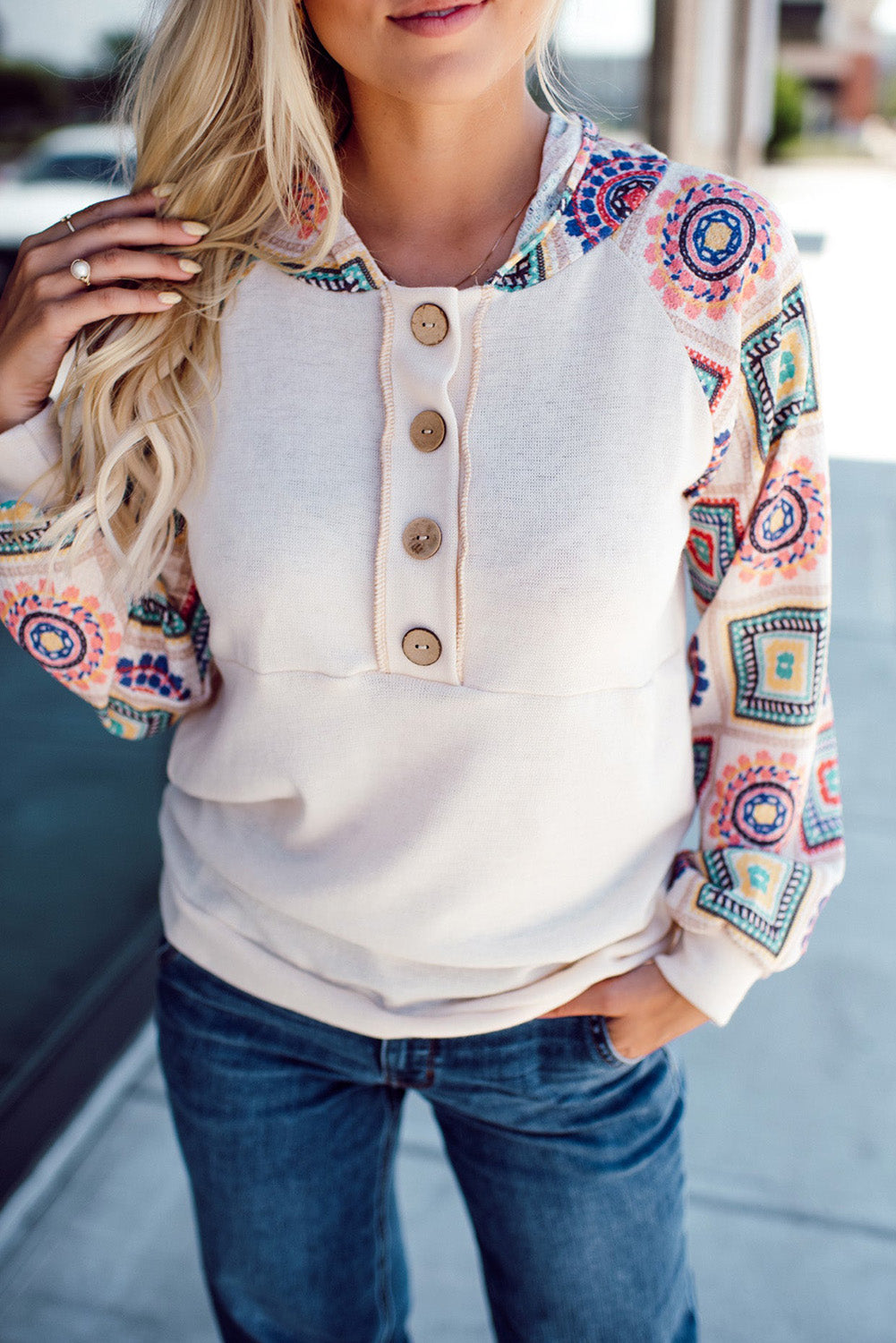 Geometric Patchwork Raglan Sleeve Henley Hoodie
