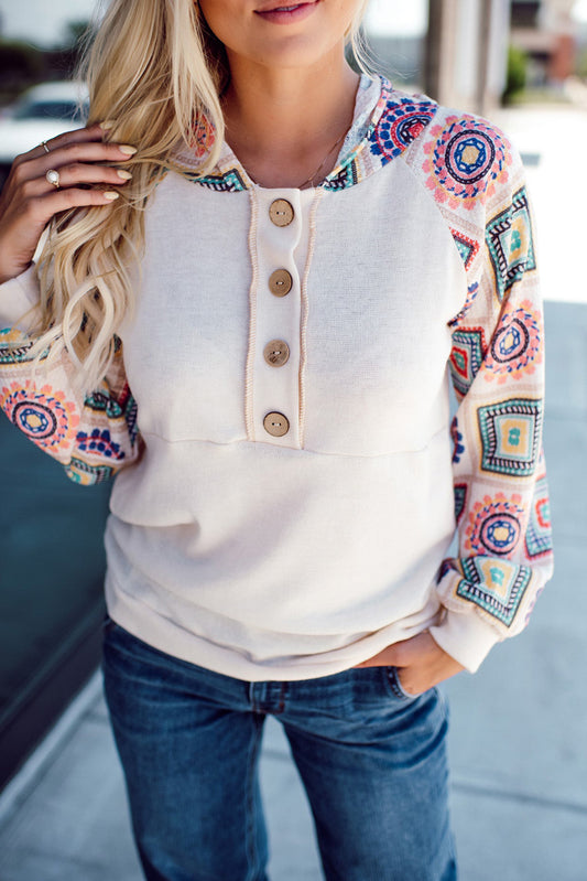 Geometric Patchwork Raglan Sleeve Henley Hoodie