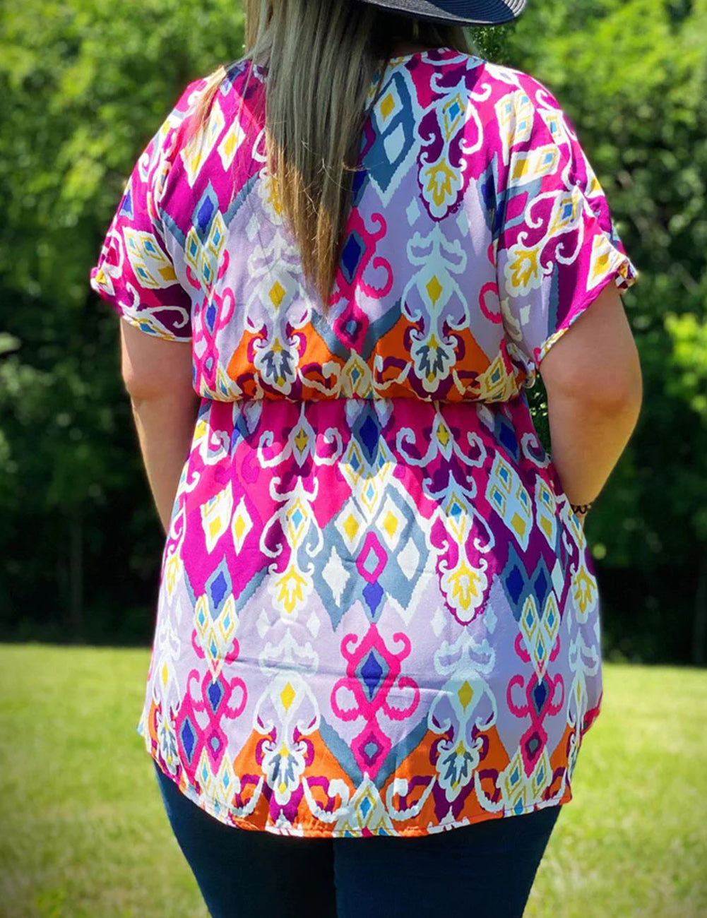 Dreamy Print Wrap V Neck Plus Babydoll Blouse