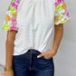 Smocked Collar Sequin Flower Puff Sleeve Textured Top