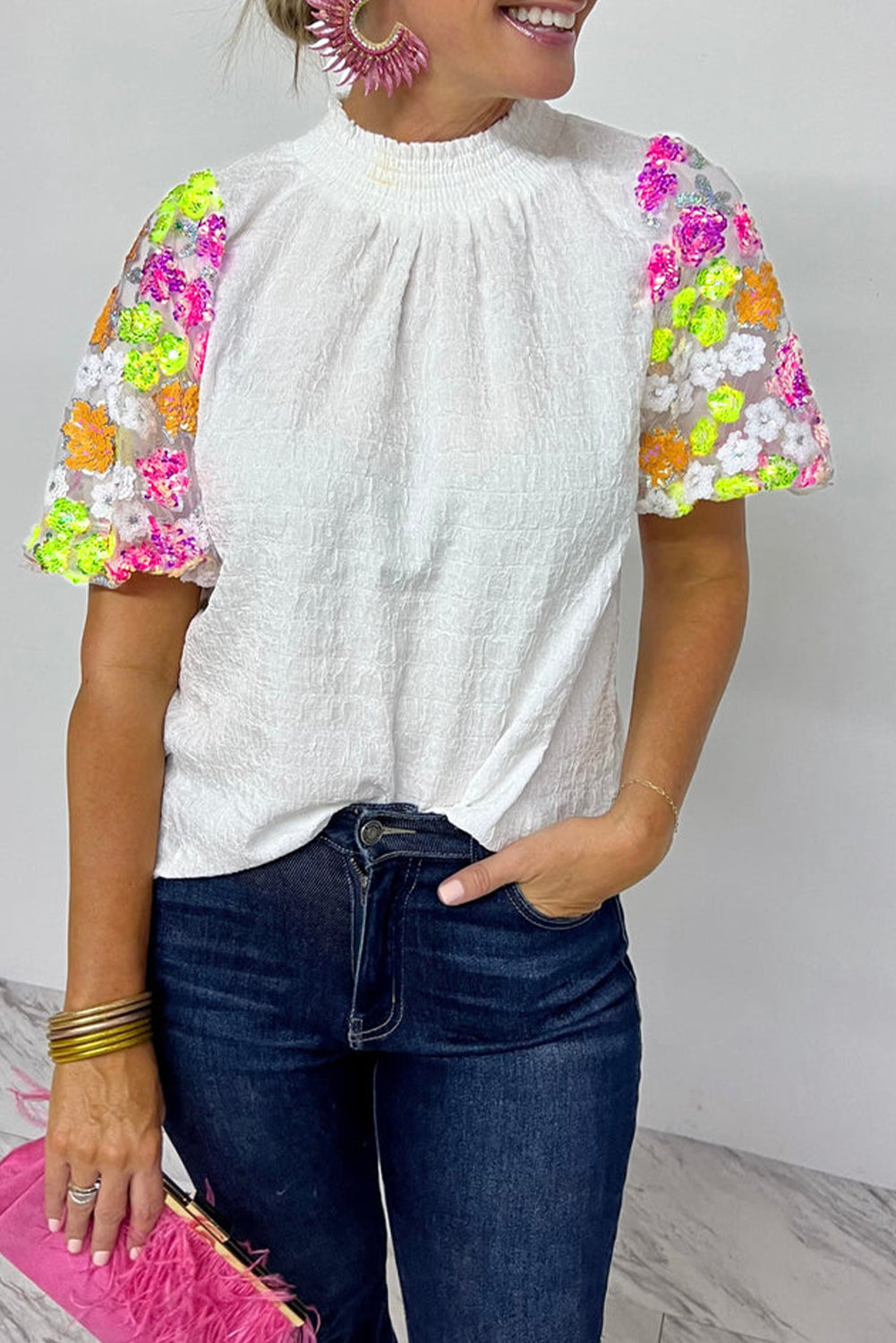 Smocked Collar Sequin Flower Puff Sleeve Textured Top