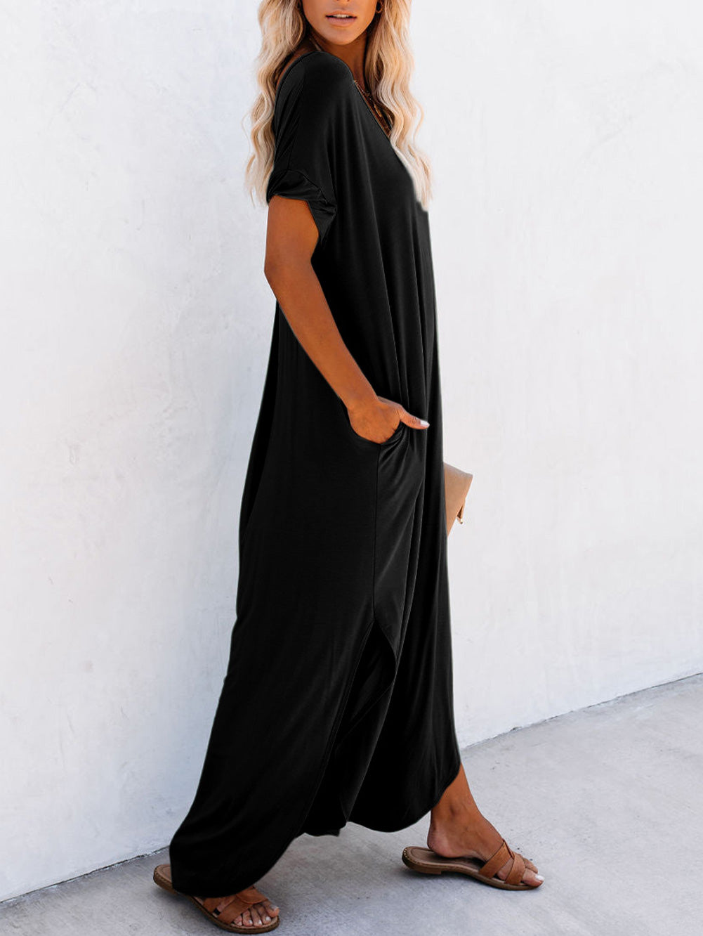 V Neck Hidden Pocket Splits Maxi T-shirt Dress