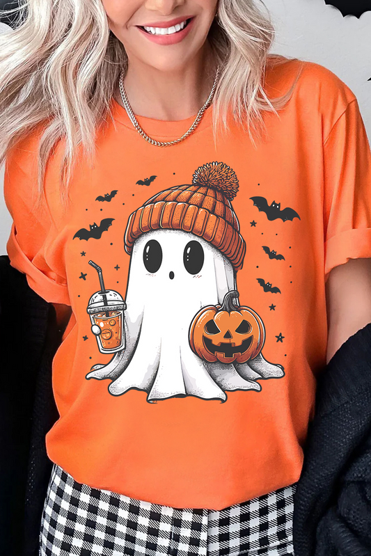 Cute Ghost Pumpkin Face Printed Halloween T Shirt