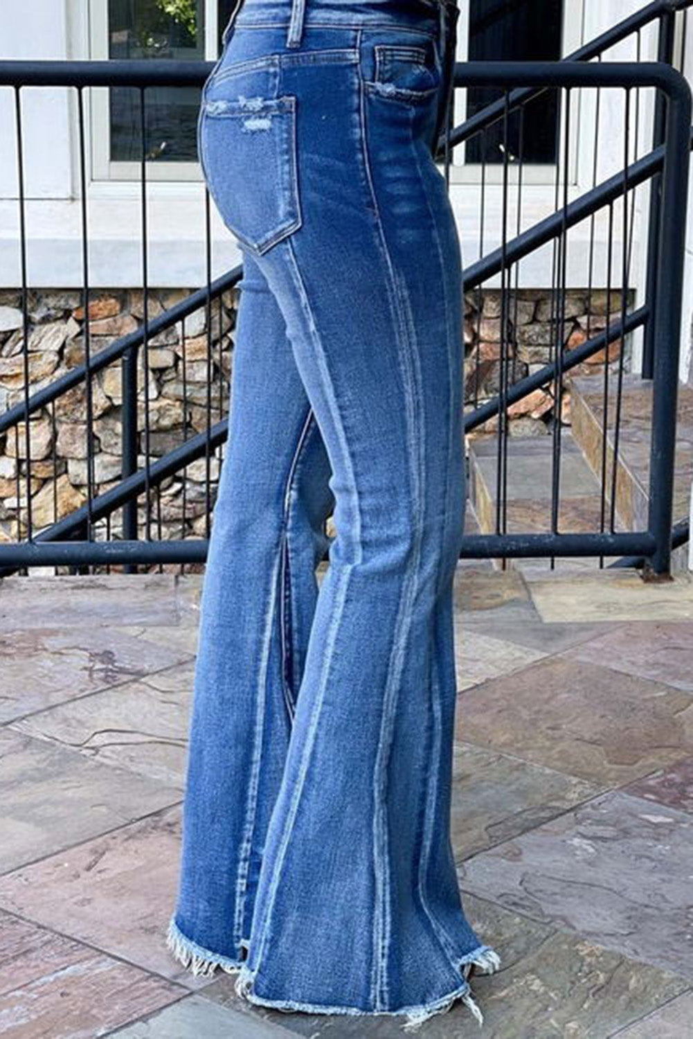 Acid Wash Raw Hem Flared Jeans