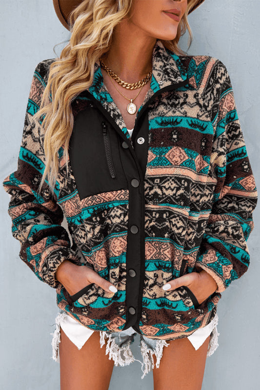 Western Colorblock Snap Buttoned Sherpa Jacket