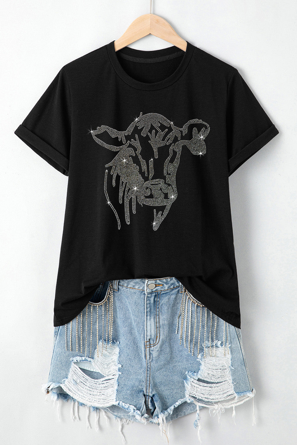 Rhinestone Steer Head Graphic Fashion T Shirt