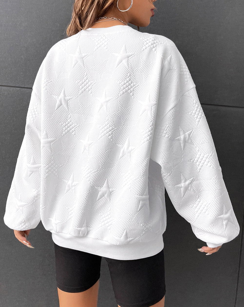 Star Embossed Textured Drop Shoulder Sweatshirt