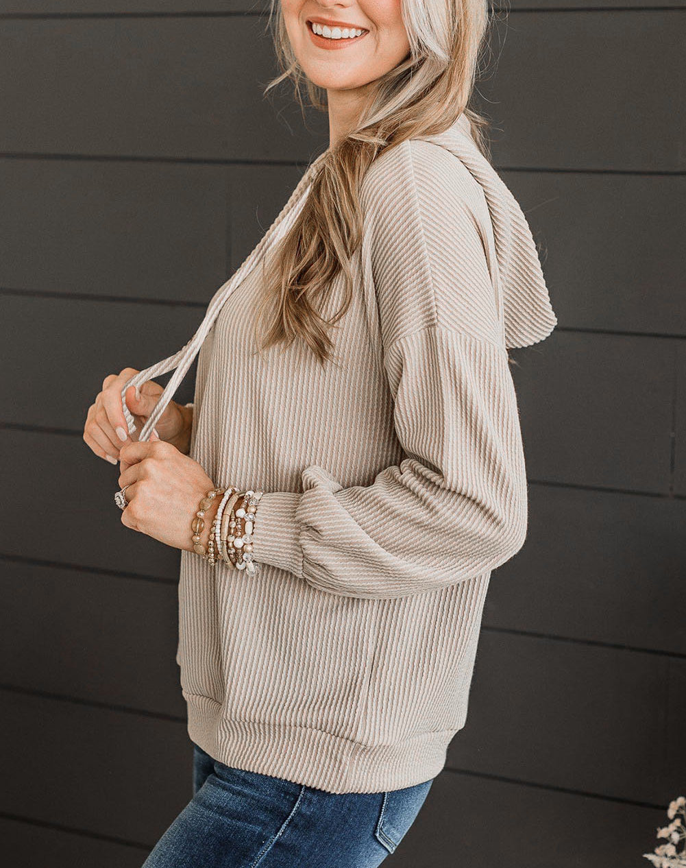 Parchment Corded Drawstring Pullover Hoodie