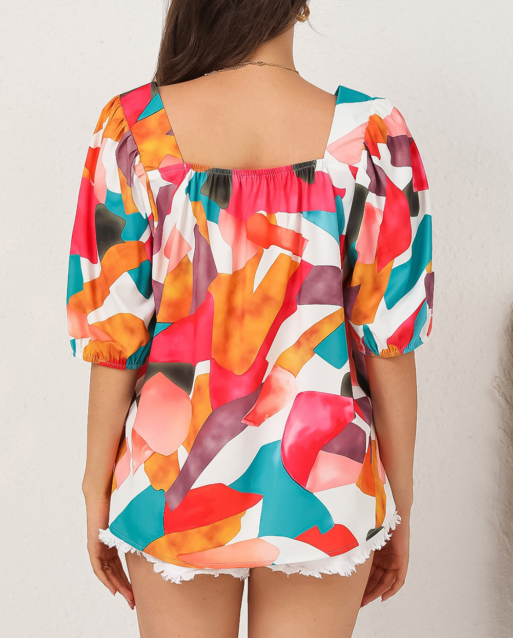 Square Neck Abstract Print Short Sleeve Blouse