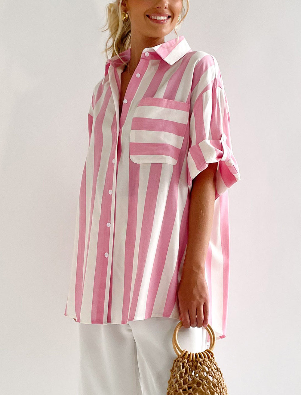 Striped Button Up Rolled Sleeves Shirt