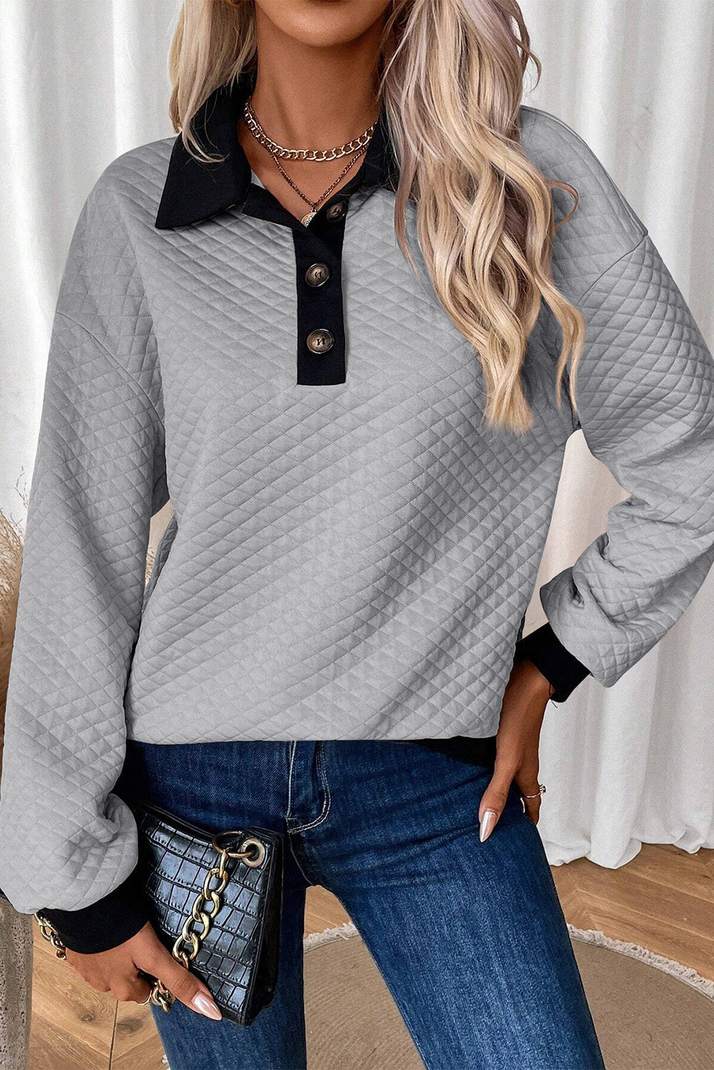 Textured Colorblock Edge Buttoned Collar Sweatshirt