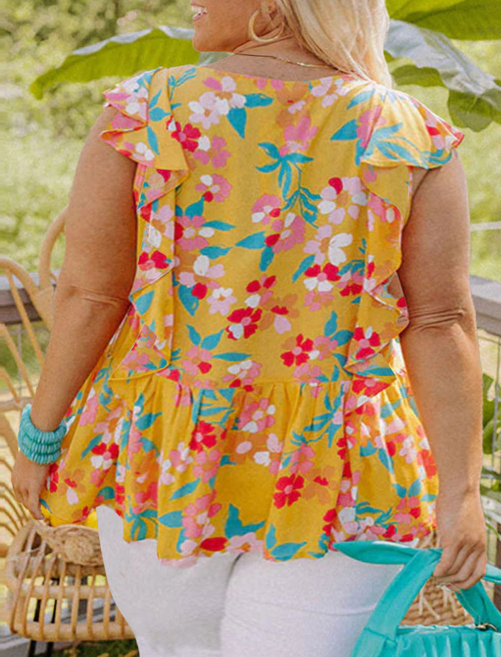 Plus Size Ruffle Trim Tie Neck Floral Peplum Tank Top