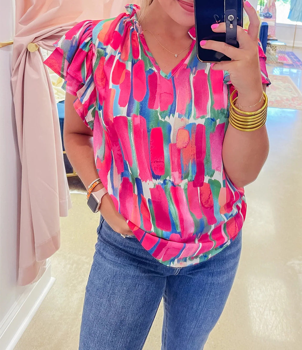 Abstract Brush Print Ruffled Sleeve Frill V Neck Blouse