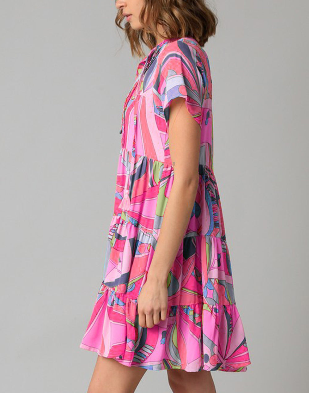Abstract Geometric Print Tassel Tie Flared Dress