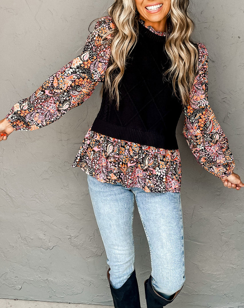 Contrast Floral Sleeve Peplum Sweater