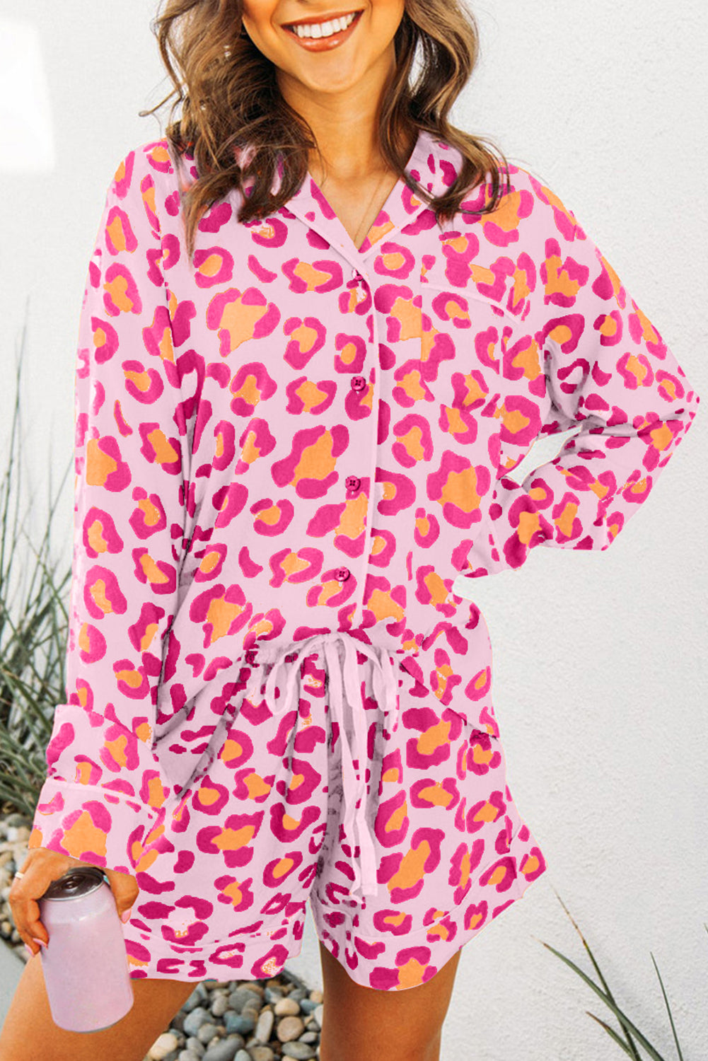 Leopard Print Long Sleeve Shirt and Shorts Pajama Set