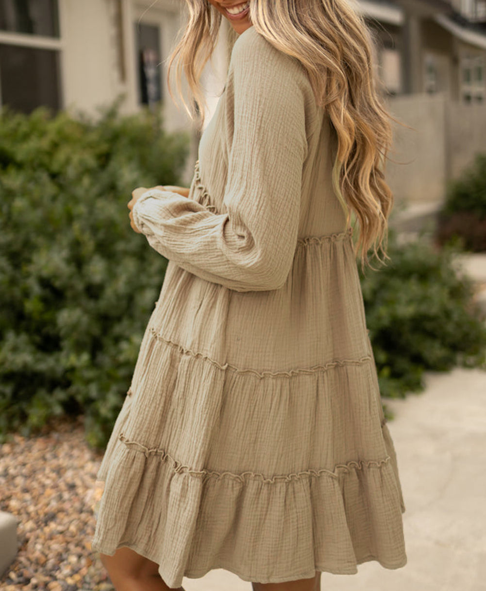 Cotton Crepe V Neck Frill Tiered Mini Dress